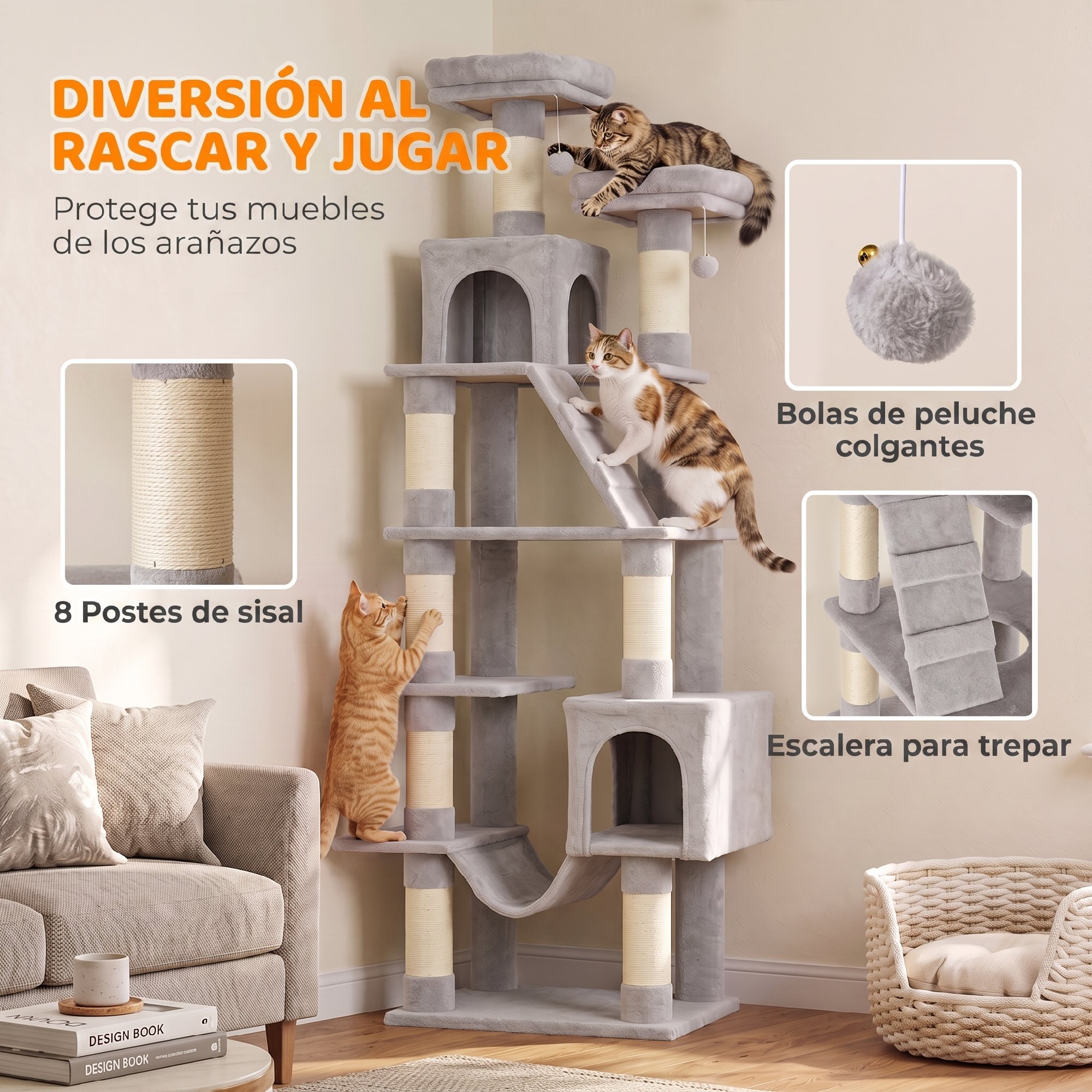 Árbol Rascador para Gatos 204 cm, Torre para Gatos Multinivel con 2 Cuevas, 2 Camas, Hamaca, Postes de Sisal, Escalera, 2 Bolas Colgantes, Tela de Felpa, para 1-3, Gris Claro