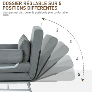 Fauteuil chauffeuse canapé-lit convertible inclinable 1 place grand confort coussin lombaires accoudoirs piètement métal lin gris foncé