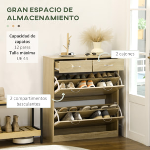 Armario de Zapatos Mueble Zapatero Estrecho con 2 Cajones Abatibles y 2 Cajones Extraíbles para 12 Pares de Zapatos para Salón Entrada Pasillo 80x30x91,5 cm Roble