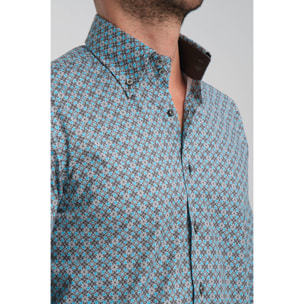 Camicia Uomo 2 Bottoni Button Down Slim Popeline Stretch Stampato Piombo Turchese Chiaro