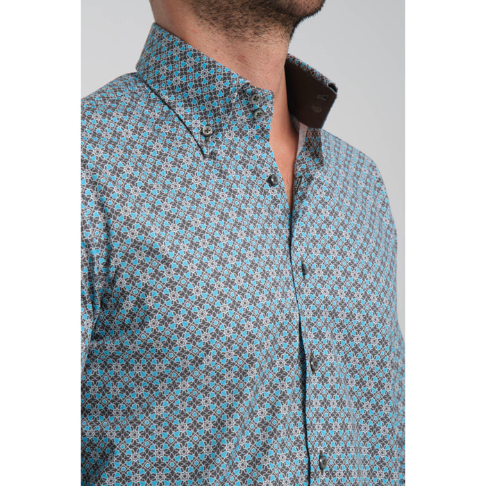 Camicia Uomo 2 Bottoni Button Down Slim Popeline Stretch Stampato Piombo Turchese Chiaro