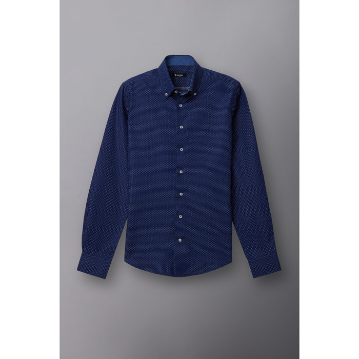Camicia Uomo 2 Bottoni Button Down Slim Jacquard Fantasia Blu\Bianco