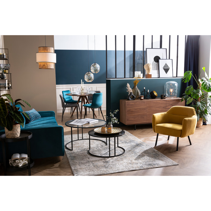 Fauteuil design en tissu effet velours vert kaki et métal noir LAURENS