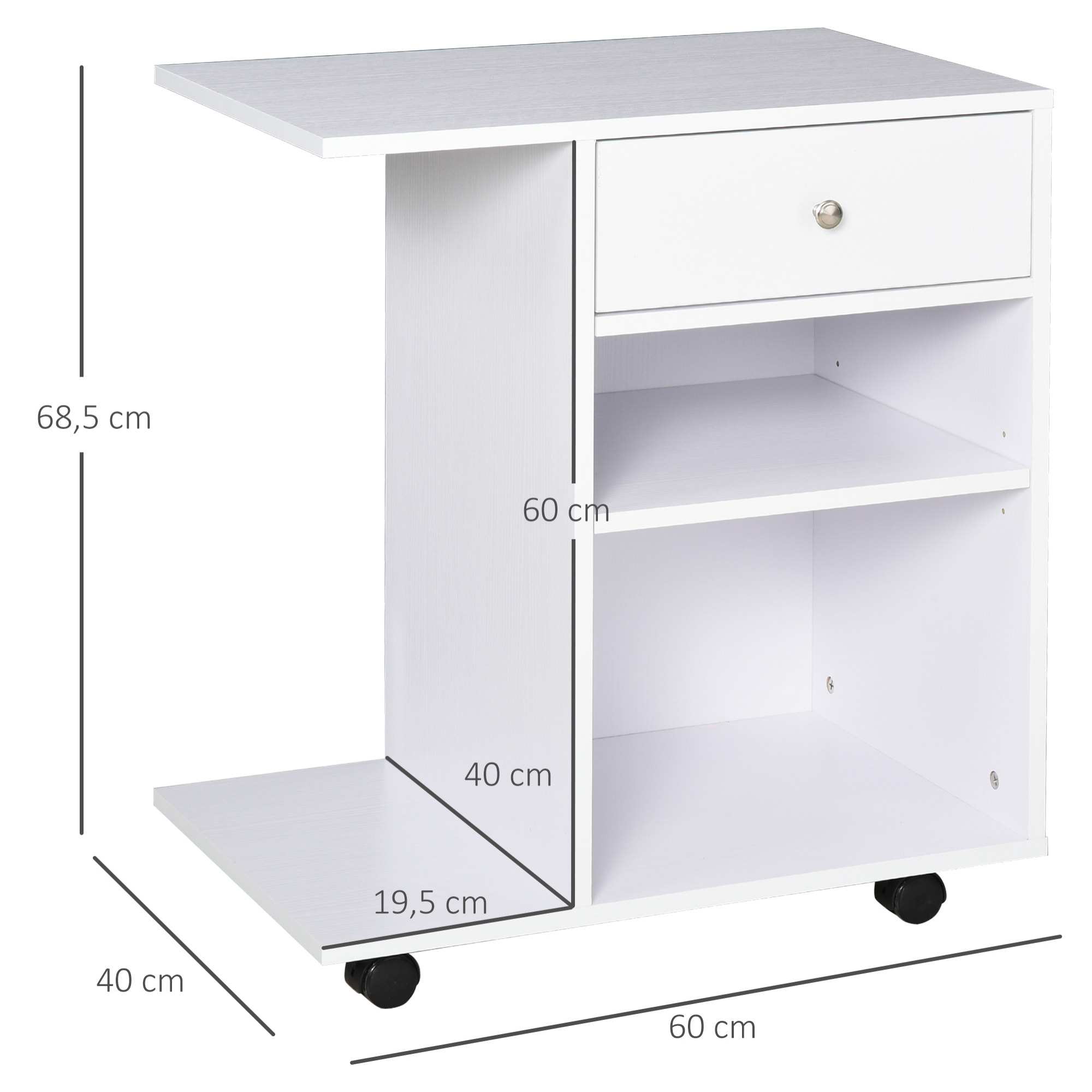 Armario para Impresora de Oficina Carro Multifuncional con Ruedas 2 Compartimentos Cajón y Soporte para CPU Estante Ajustable para Estudio 60x40x68,5 cm Blanco Veteado de Madera