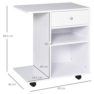 Armario para Impresora de Oficina Carro Multifuncional con Ruedas 2 Compartimentos Cajón y Soporte para CPU Estante Ajustable para Estudio 60x40x68,5 cm Blanco Veteado de Madera