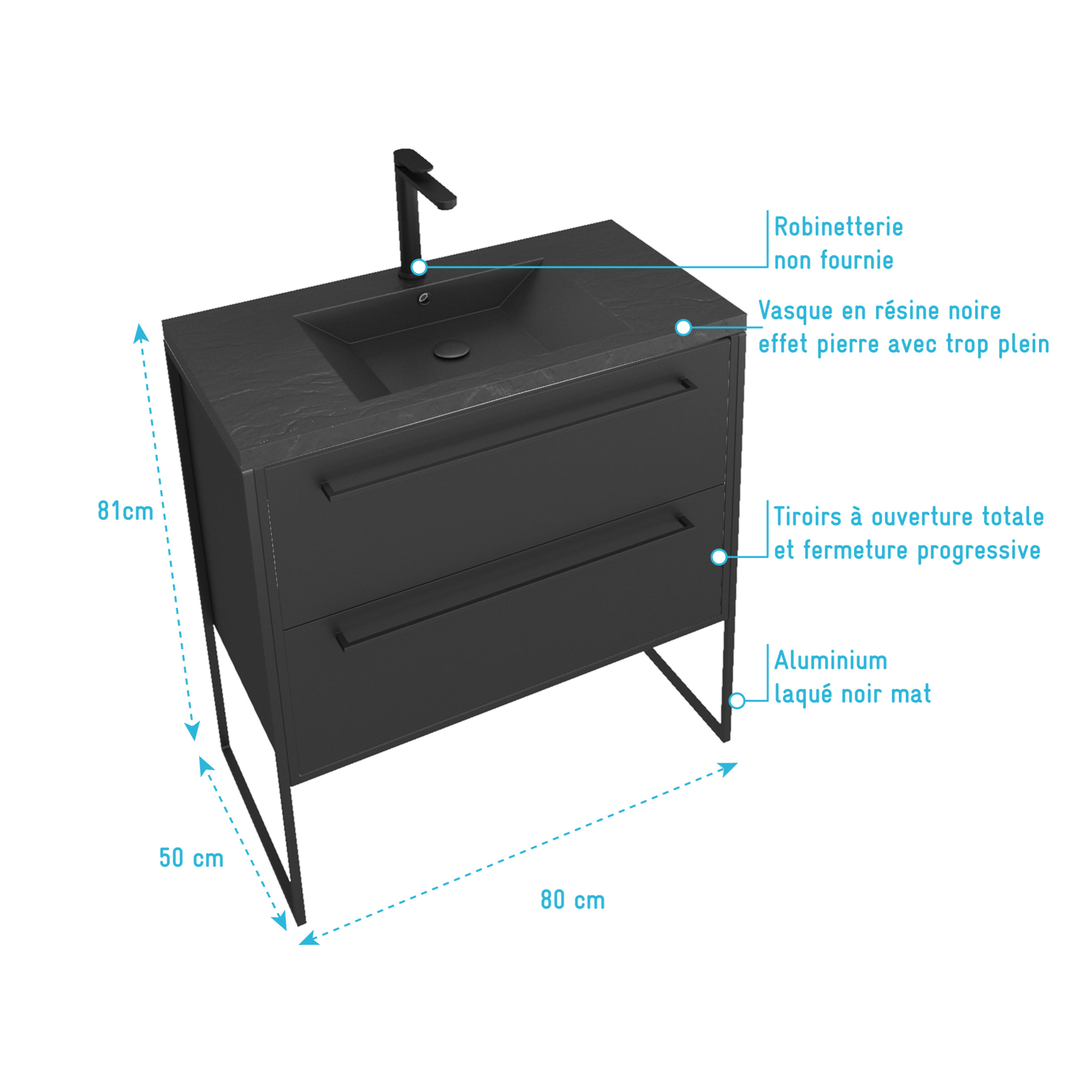 Meuble de salle de bain 80x50cm - 2 tiroirs - vasque résine noire effet pierre - STRUCTURA F051