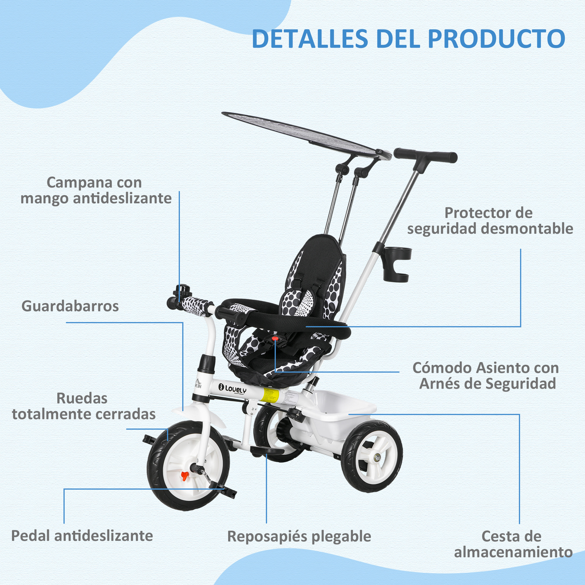 Triciclo para Bebés 2 en 1 Triciclo Evolutivo para Niños de +12 Meses con Toldo Plegable Mango de Empuje Telescópico y Desmontable Asiento Ajustable Cesto y Portabotellas Blanco