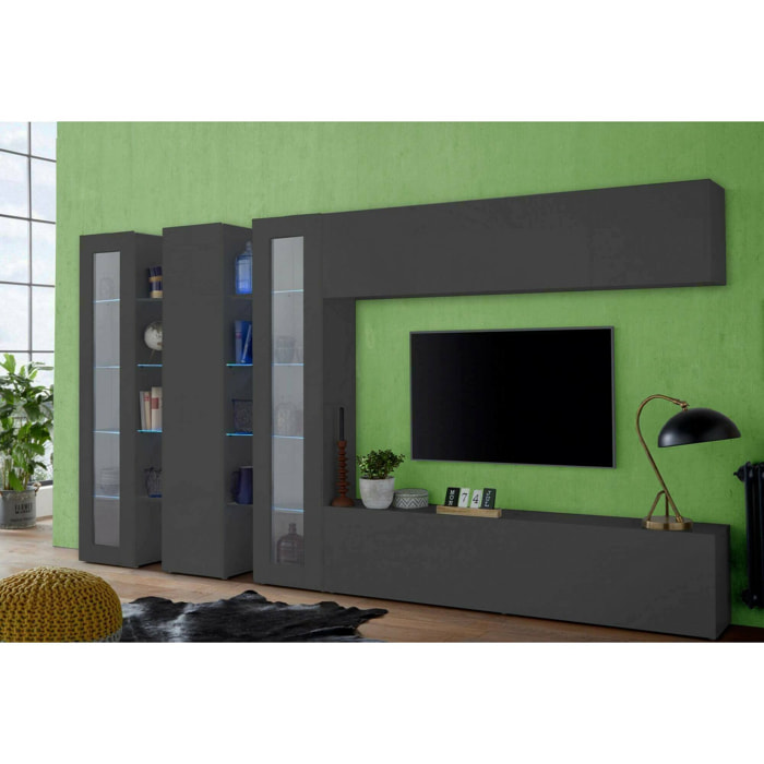 Parete attrezzata Clemente, Set salotto porta TV a 5 ante, Mobile soggiorno multiuso, 100% Made in Italy, cm 340x30h180, Antracite