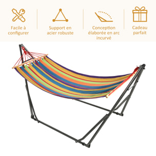 Hamac de jardin pliable avec support acier époxy et toile coton lin multicolore