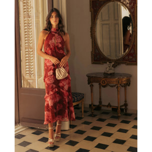 Vestido midi sin mangas con cuello chimenea y volantes