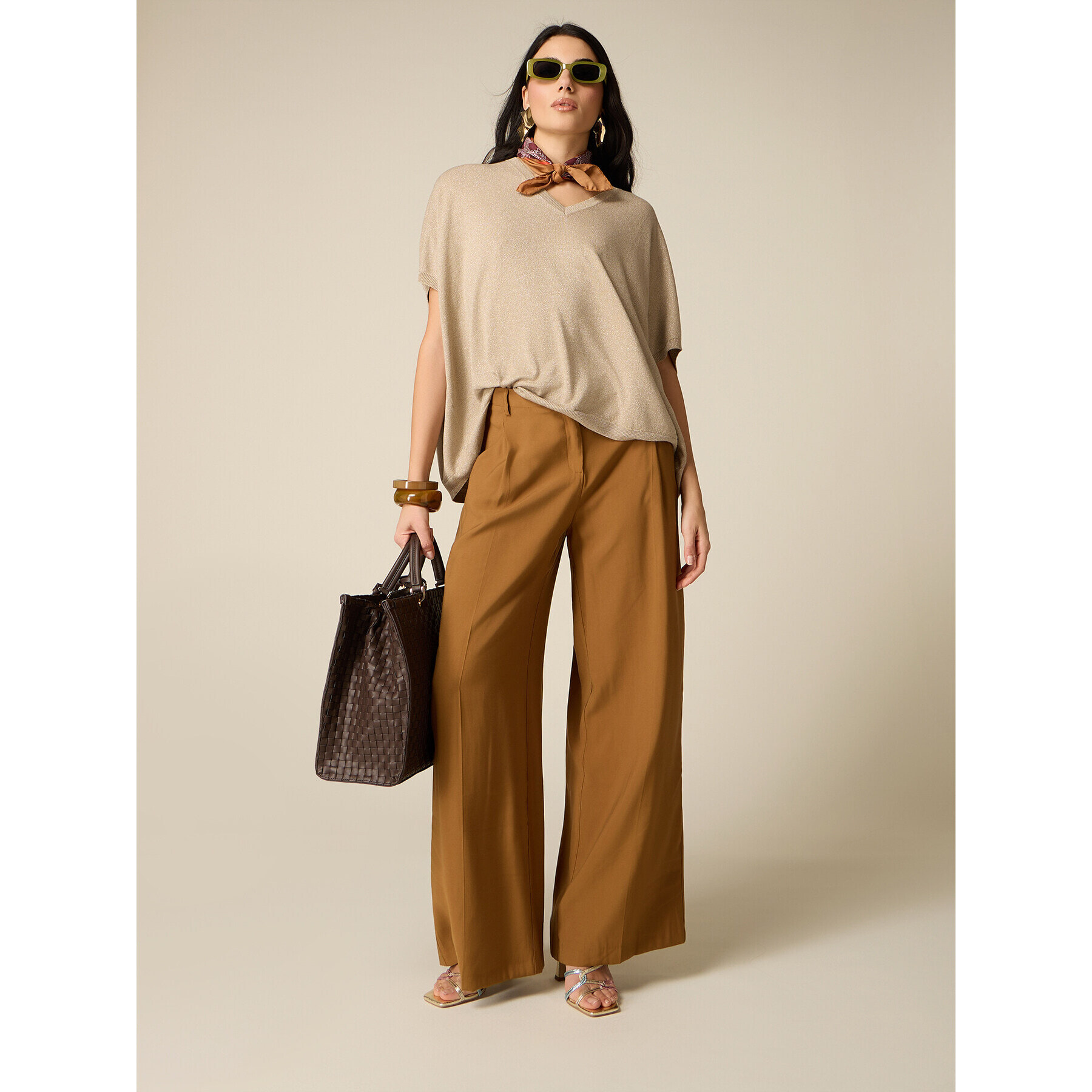 Oltre - Pantaloni palazzo misto viscosa - Marrone