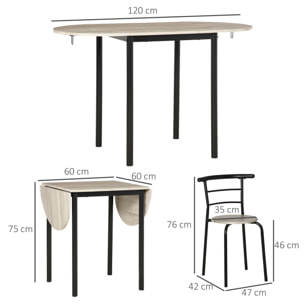 Ensemble table à manger 3 pièces avec 2 chaises style industriel - table extensible - acier MDF aspect chêne clair