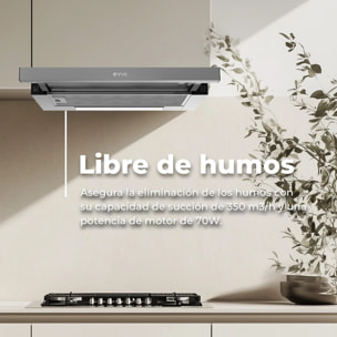 EVVO Campana telescópica CE10 60 cm, 350 m³/h, 2 velocidades, LED, filtro aluminio 3 capas y carbón activo, eficiencia A, inox
