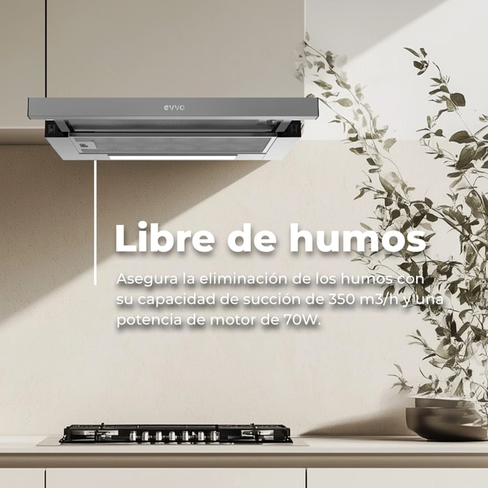 EVVO Campana telescópica CE10 60 cm, 350 m³/h, 2 velocidades, LED, filtro aluminio 3 capas y carbón activo, eficiencia A, inox