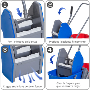 HOMCOM Carro de Limpieza Profesional Carro de Fregado de Metal con 2 Cubos de 25 Litros Extraíbles Escurridor Prensa Manual y 4 Ruedas 73x45x92 cm Rojo y Azul