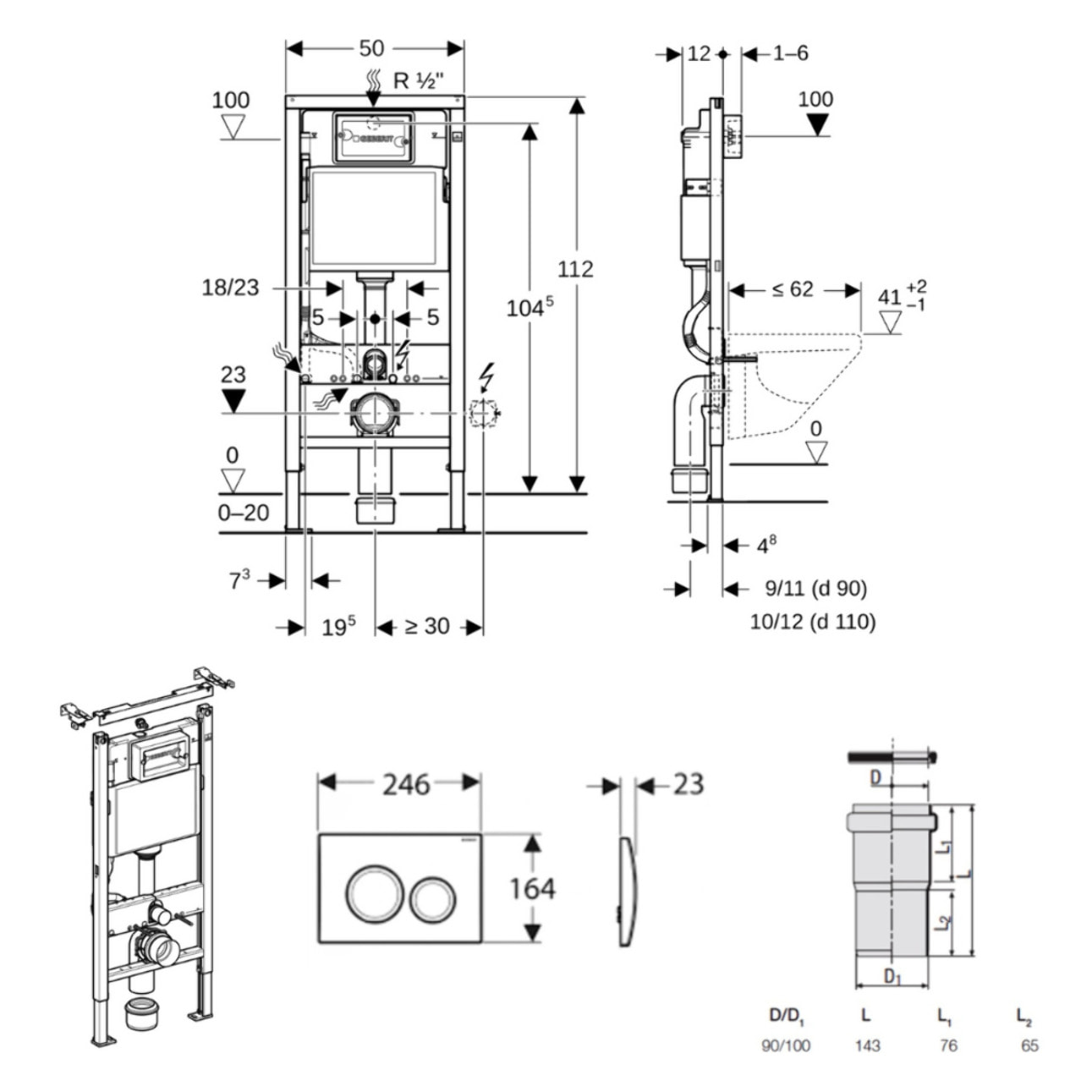 Duofix pack WC bâti-support UP100 + WC suspendu sans bride Ceramia avec abattant SoftClose + plaque chrome mat (GEBCEPXWT06-FR)
