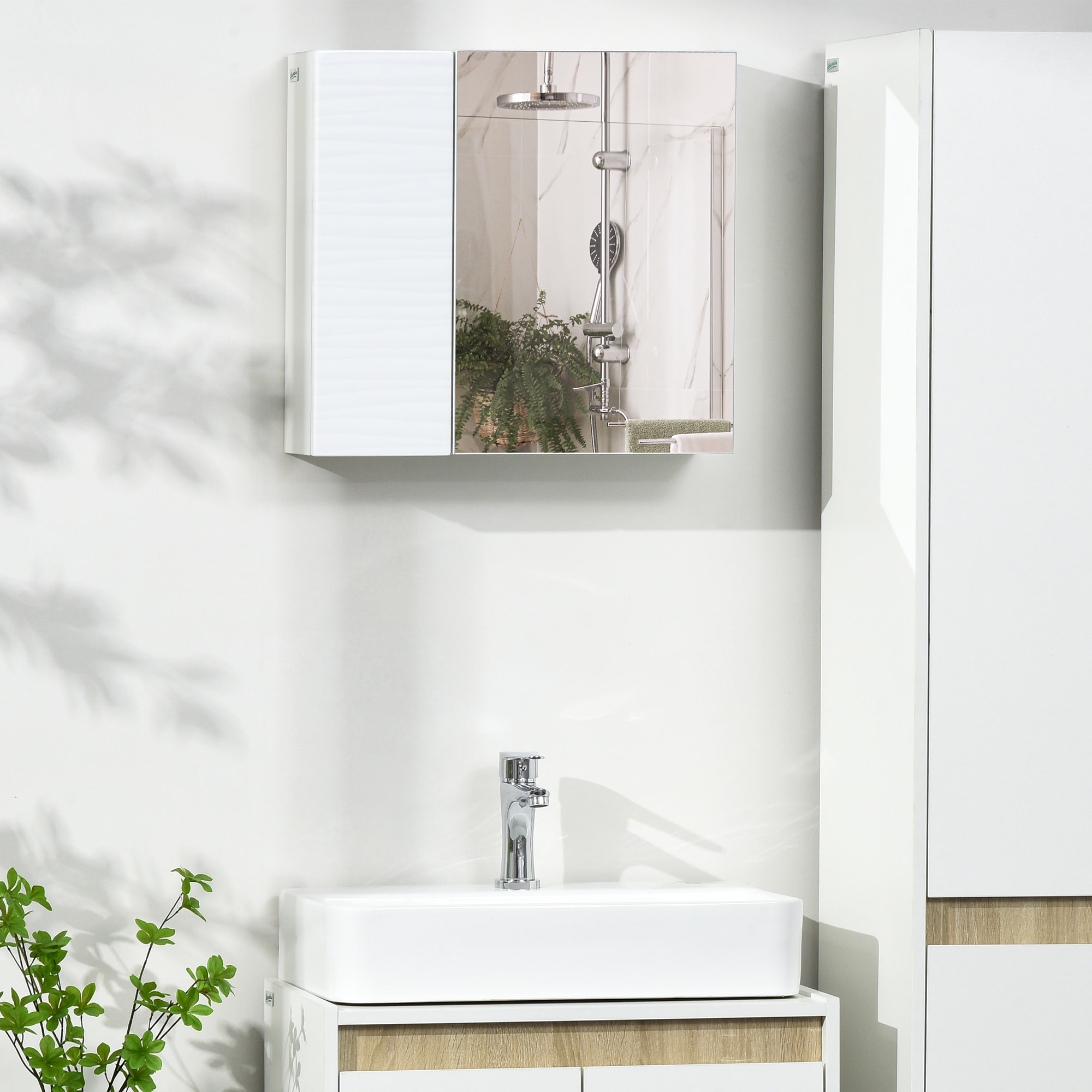 Armario de Baño con Espejo, Armario de Pared con 2 Puertas, Estantes Ajustables, Mueble de Baño Colgar, 48x15x45 cm, Blanco