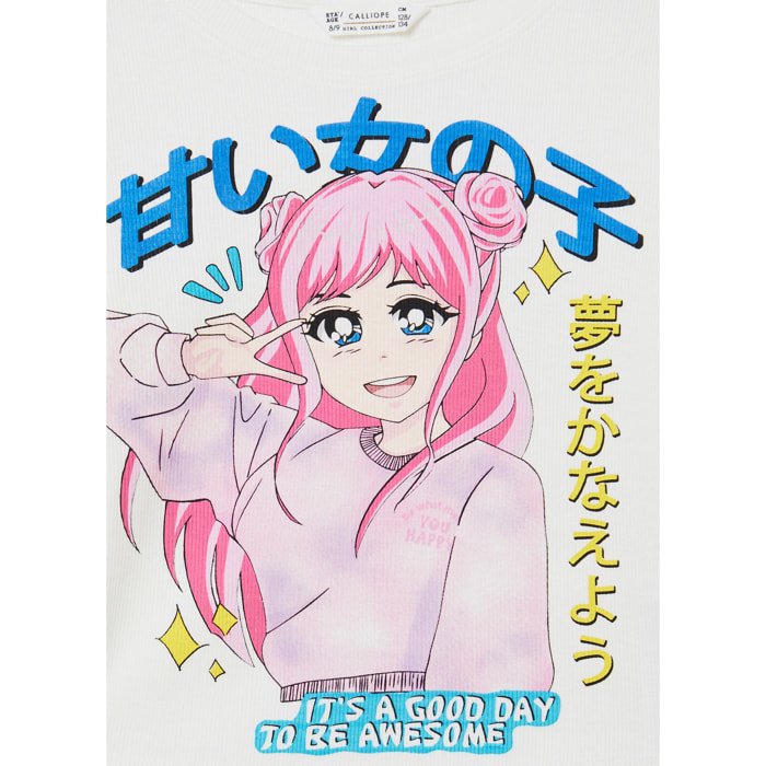 T-shirt a costina con stampa manga