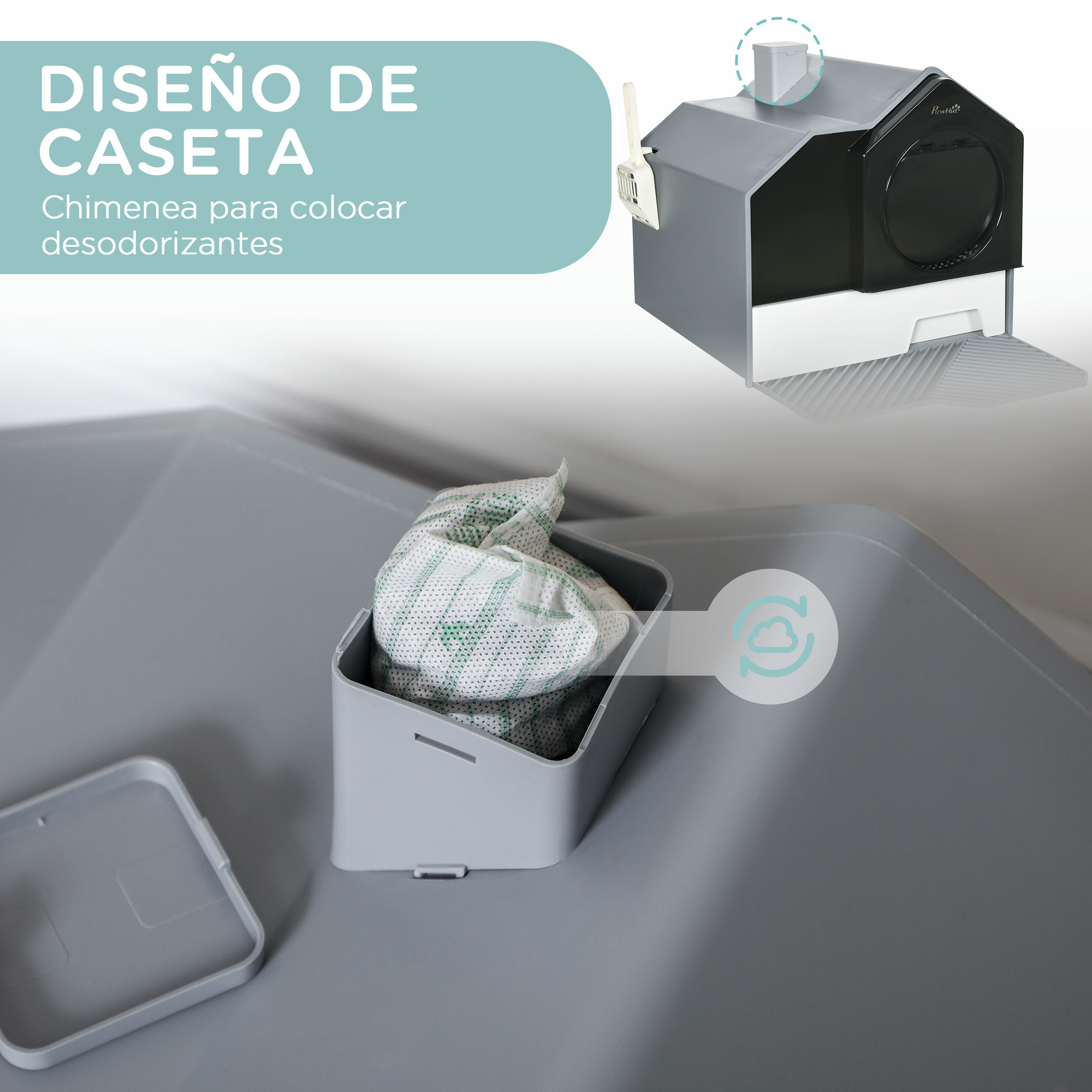 Arenero Cubierto para Gatos Caja de Arena Cerrada para Gatos con Bandeja Extraíble Pala Pedal Exterior y Filtro Desodorizante 47x45x42 cm Gris