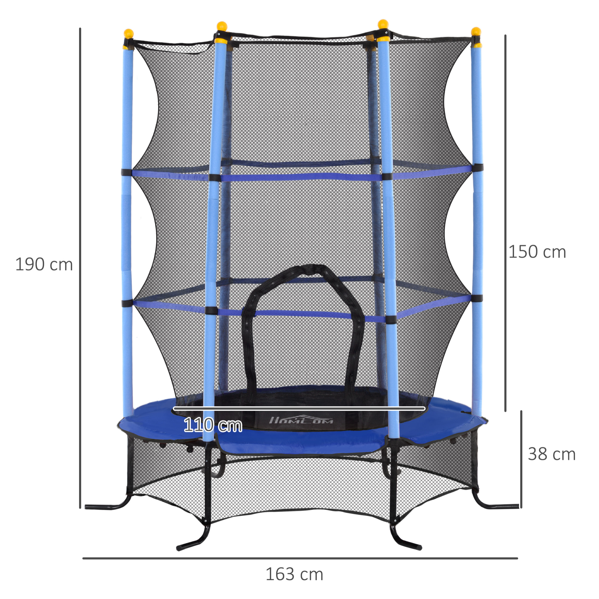 Trampoline de jardin enfants Ø 1,63 x 1,90H m filet de sécurité porte zipée couvre-ressorts + 6 poteaux rembourrés inclus bleu