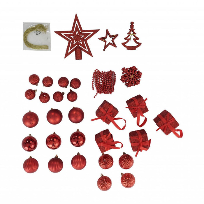 Box 50 pezzi decorazioni natalizie multi-forma, Ornamenti e Puntale, Set assortimento palline di Natale, Scatola set albero di Natale, Da 4 a 7 cm, colore Rosso