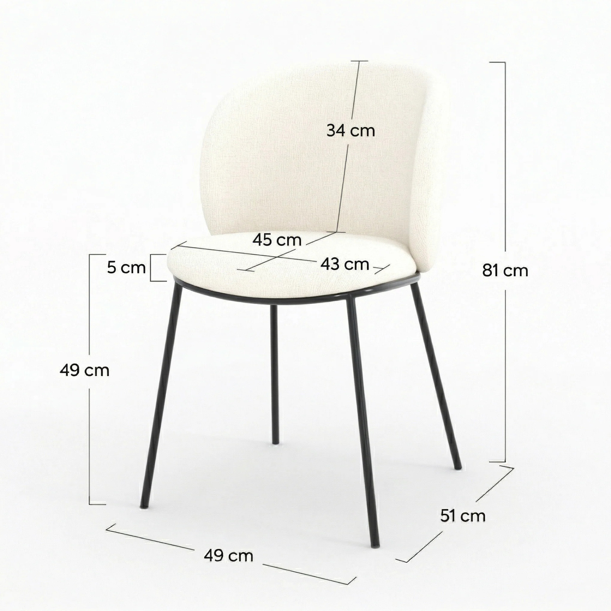 Lot de 2 chaises en tissu doux blanc, pieds métal noir - Bulle