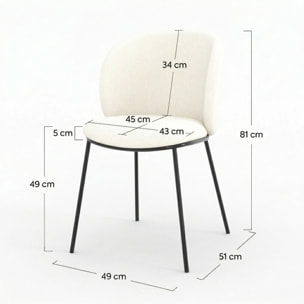 Lot de 2 chaises en tissu doux blanc, pieds métal noir - Bulle