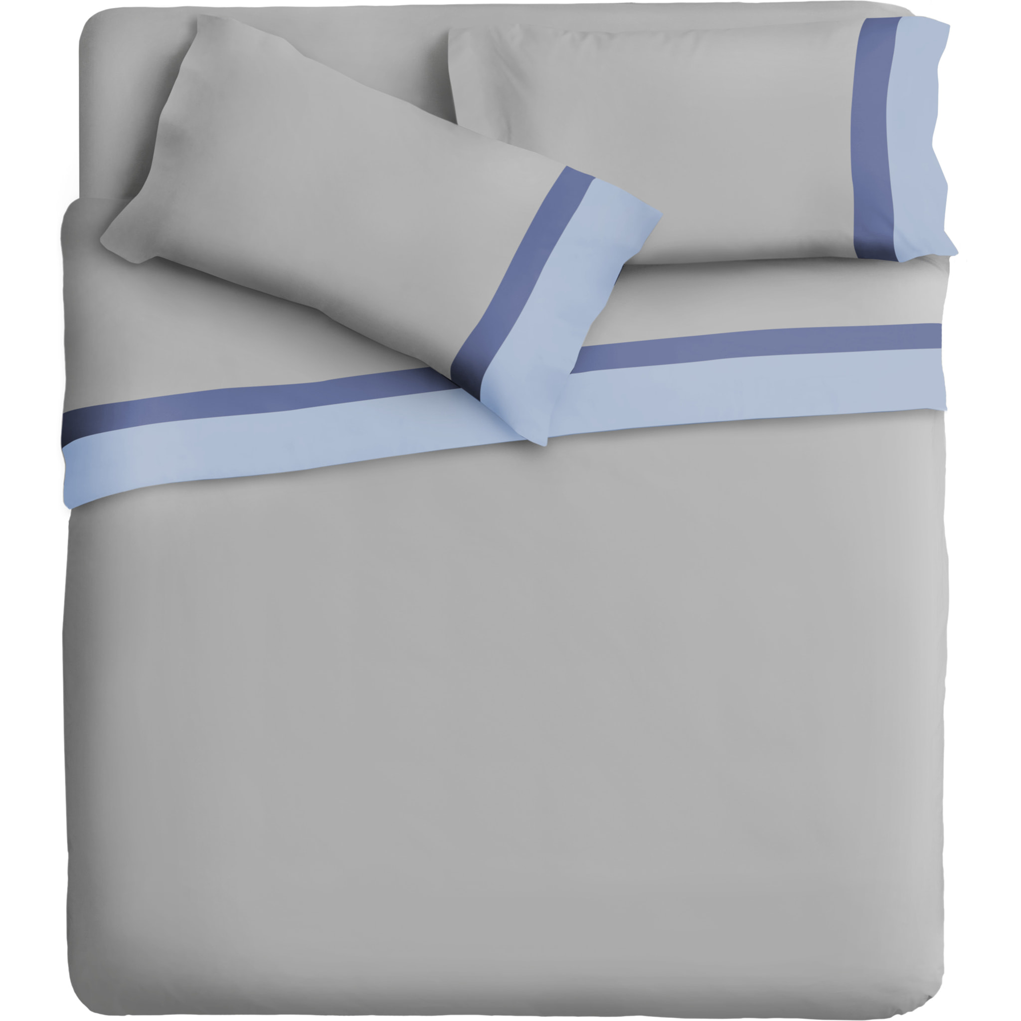 Completo letto doppia balza RASO IPERSAN Puro Cotone Azzurro/Jeans fondo Grigio