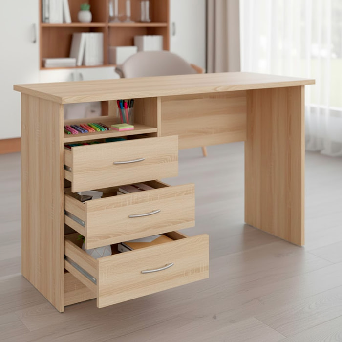 Scrivania Moderna Con 3 Cassetti E Vano a Giorno Desk Salvaspazio Per Home Office Studio E Cameretta Piano di Lavoro Ampio 120.1X48.1X72.6 Cm Rovere