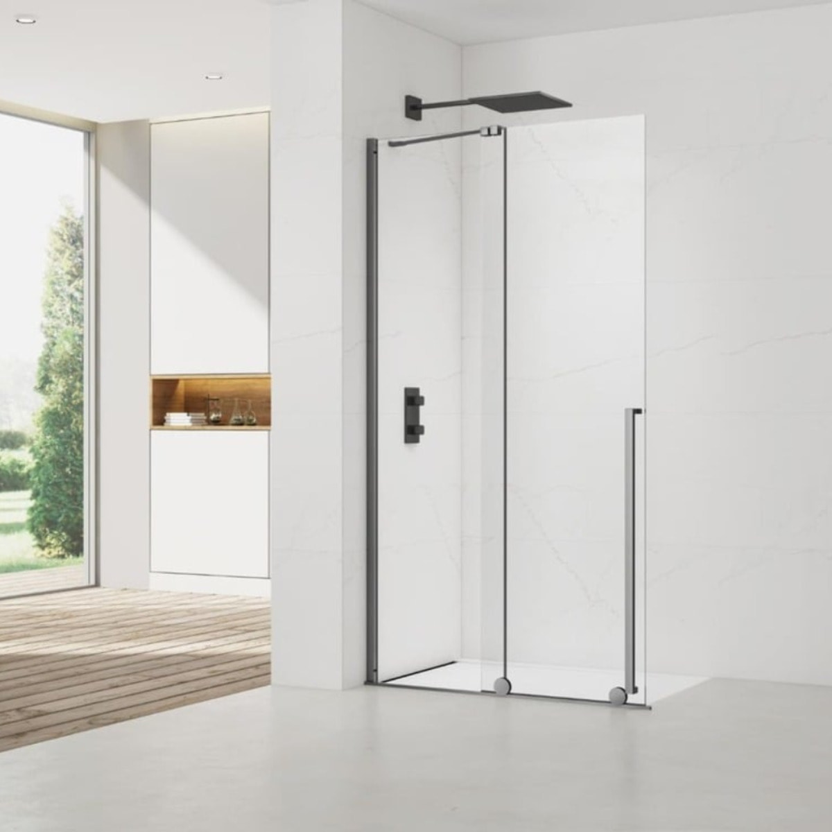 X-MOTION 120x200cm Paroi en verre coulissante Crystal Glass® 8 mm anticalcaire, avec bras et profilés Gun métal (SATBWIXM120GM)