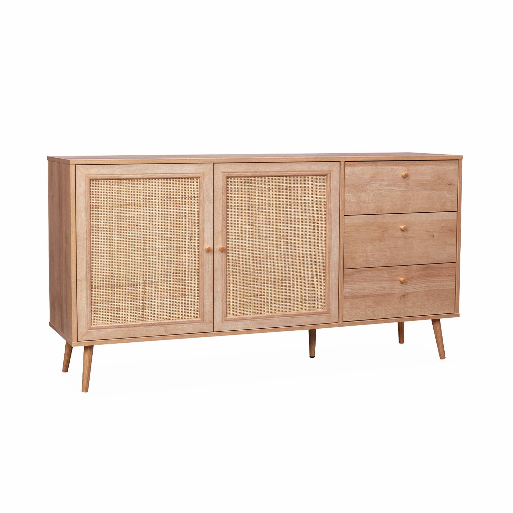 Buffet de rangement naturel en cannage 2 portes 3 tiroirs. buffet bas. L150 x l39 x H79cm - Bohème