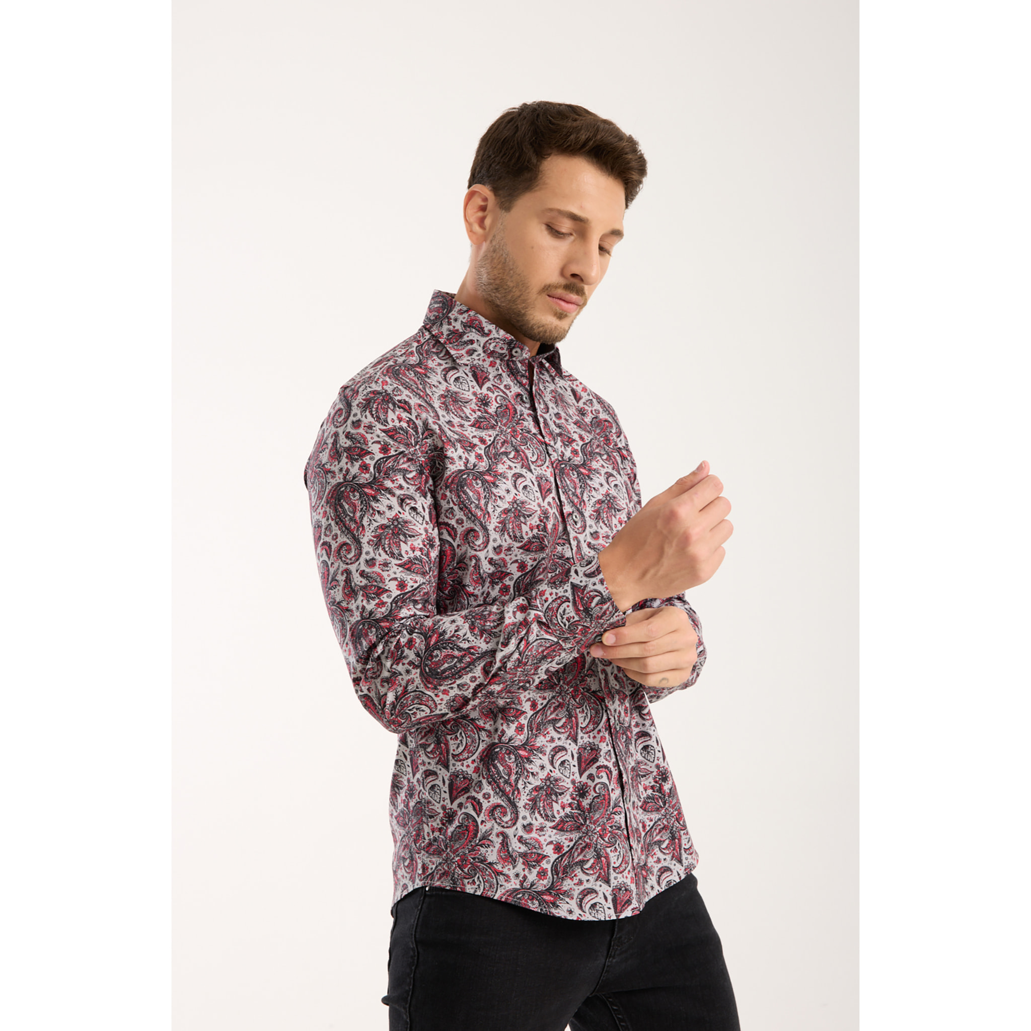 Camicia Uomo 1 Bottone Francese Slim Popeline Stretch Stampato Grigio Chiaro e Rosso