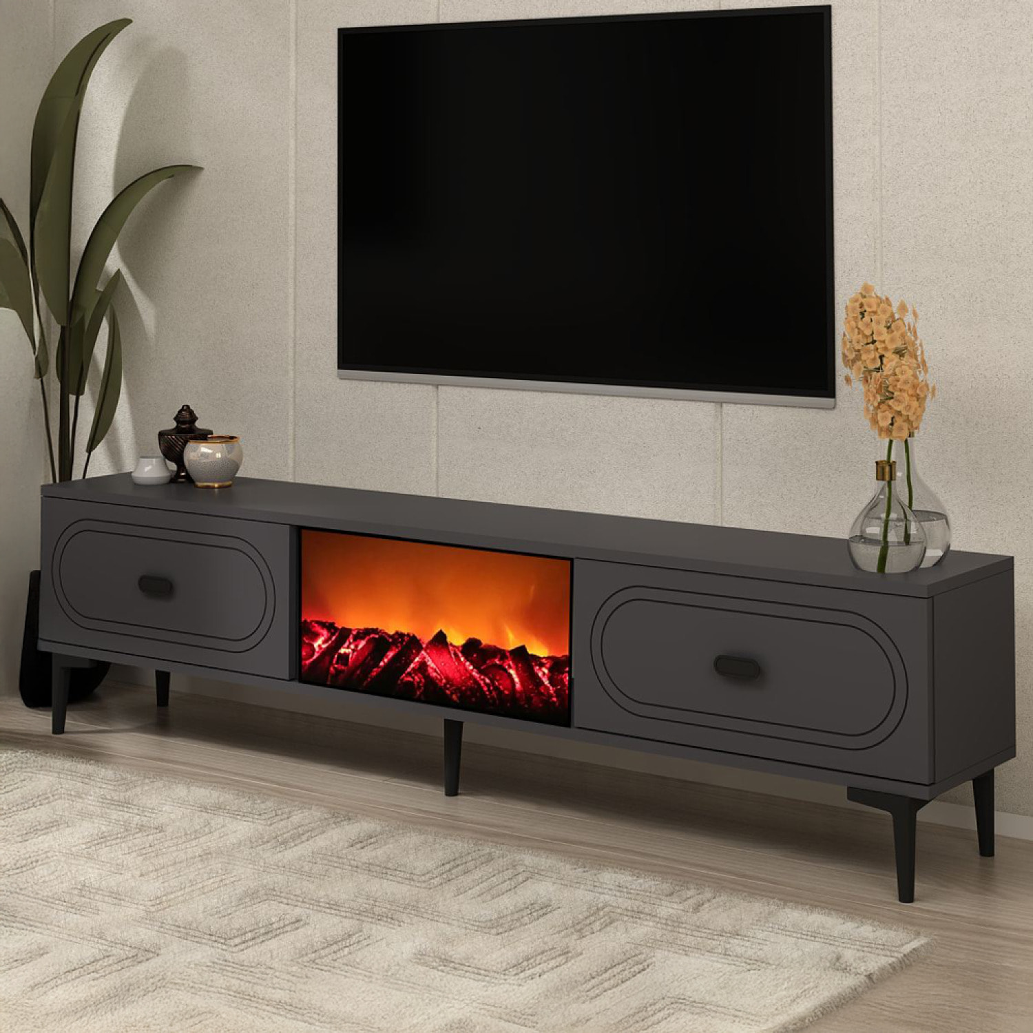 CRAWLEY Meuble TV avec cheminée LED 150cm gris anthracite et noir
