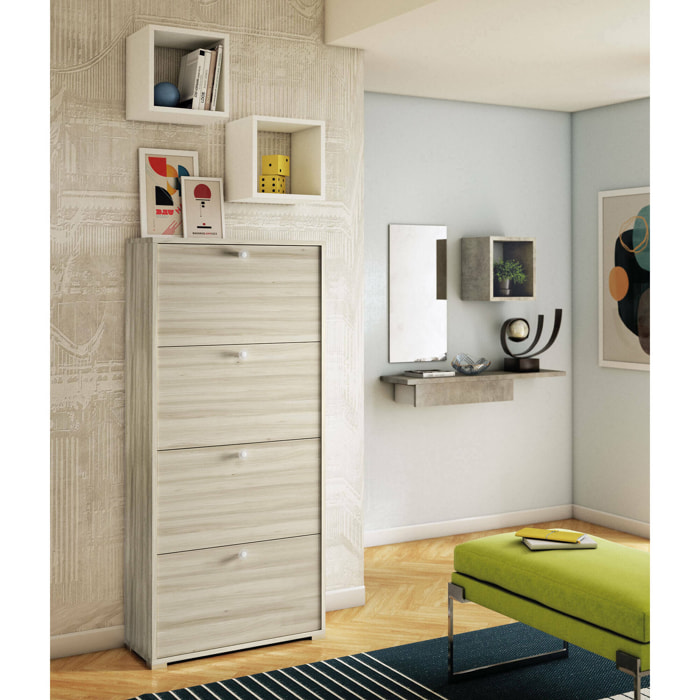 Scarpiera Adeindein, Mobile multiuso da ingresso con 4 ante a ribalta, Armadietto portascarpe a doppia profondità, 100% Made in Italy, 67x28h147 cm, Olmo