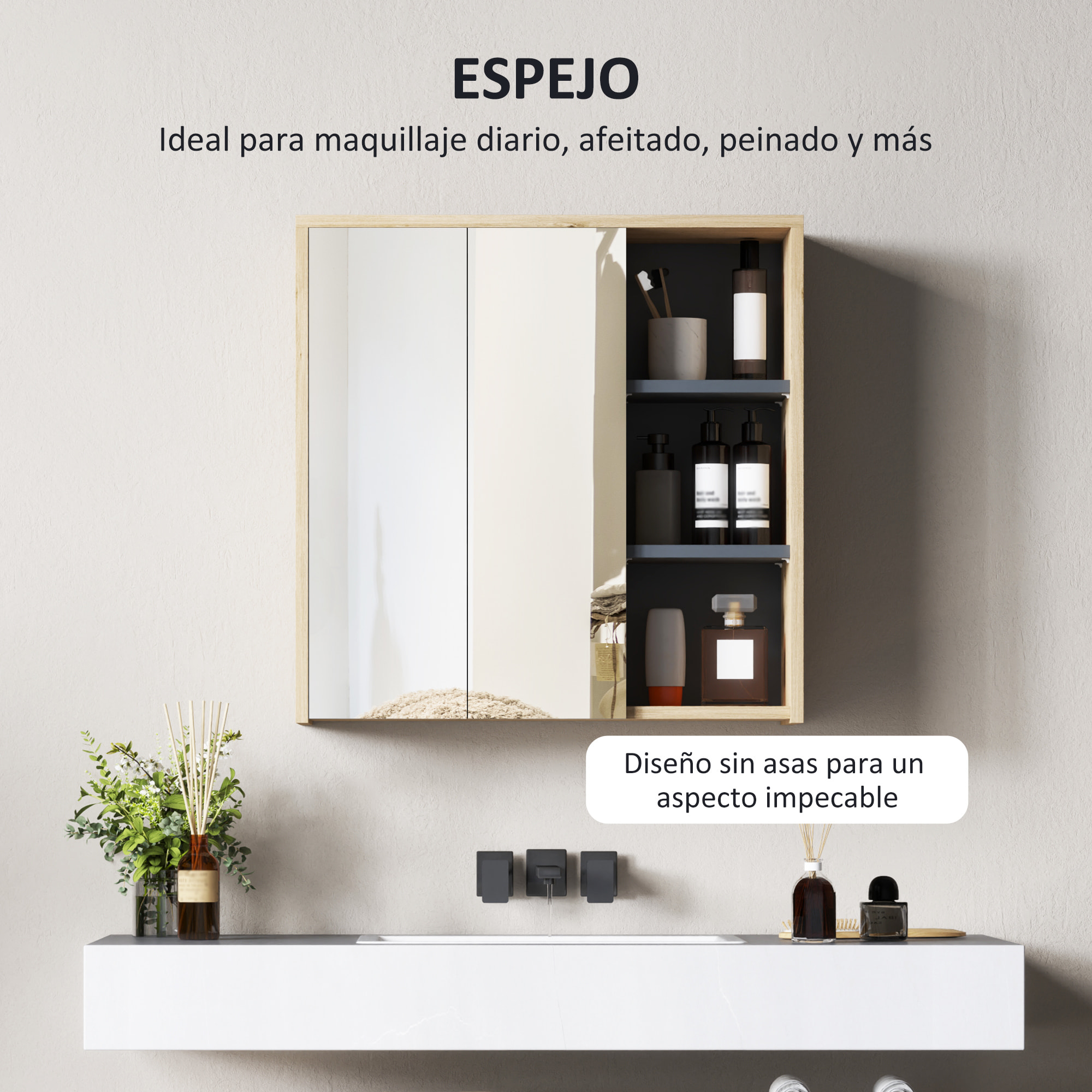 Armario de Baño con Espejo Armario con Espejo para Baño con Estantes Estilo Moderno 60x20x60 cm Madera Natural