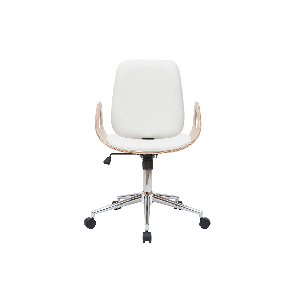Chaise de bureau à roulettes design blanc, bois clair et acier chromé GLORY
