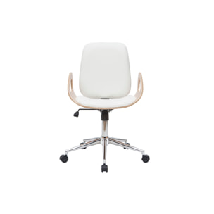 Chaise de bureau à roulettes design blanc, bois clair et acier chromé GLORY