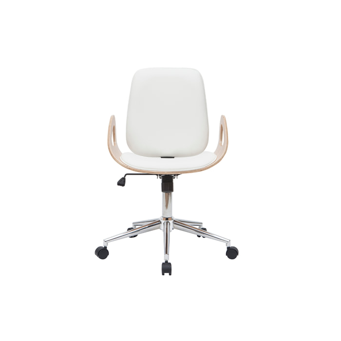 Chaise de bureau à roulettes design blanc, bois clair et acier chromé GLORY