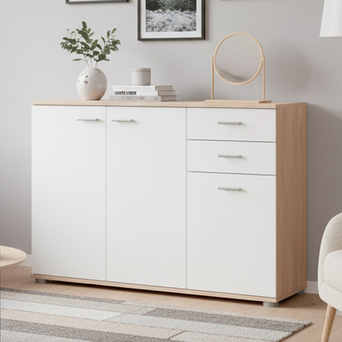Credenza 3 Ante E 2 Cassetti Credenza Soggiorno Cucina Madia Moderna Multi Spazio Mobile Credenza in Legno Itaca 103 X 70 x 35 Cm Bianco e Rovere