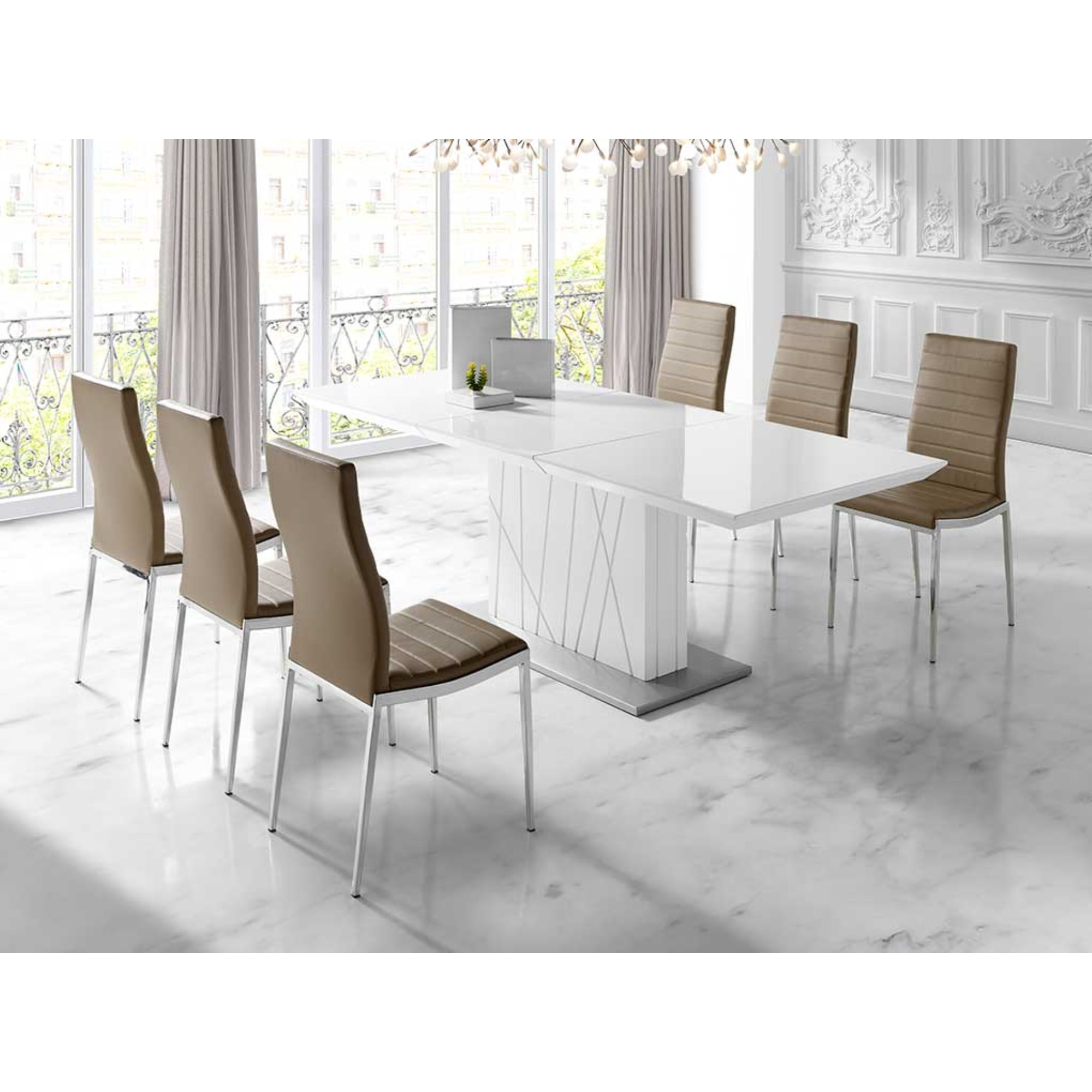 Mesa de comedor extensible IMPERIO - blanco brilloy plata - 160/220x90x76cm