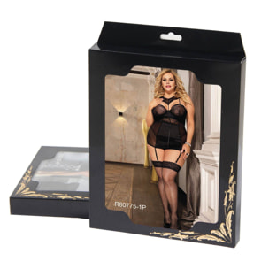 Babydoll de cuero negro de grande con copas de encaje y tirantes ajustables