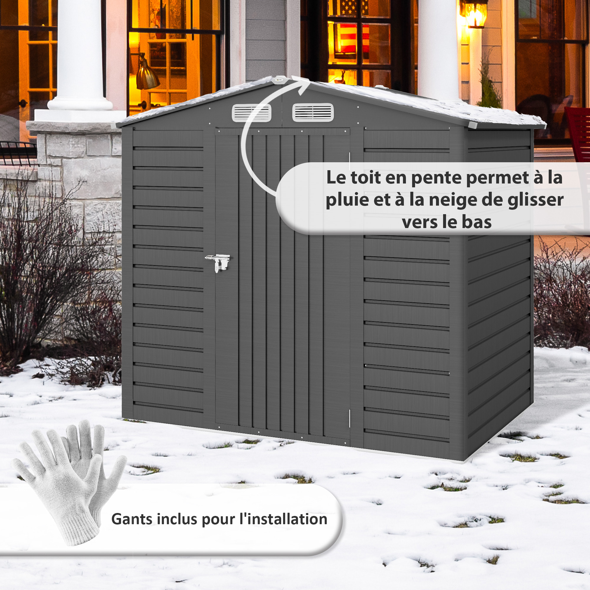 Abri de jardin cabanon dim. 190L x 131l x 188H cm porte verrouillable ventilations tôle acier ondulé gris