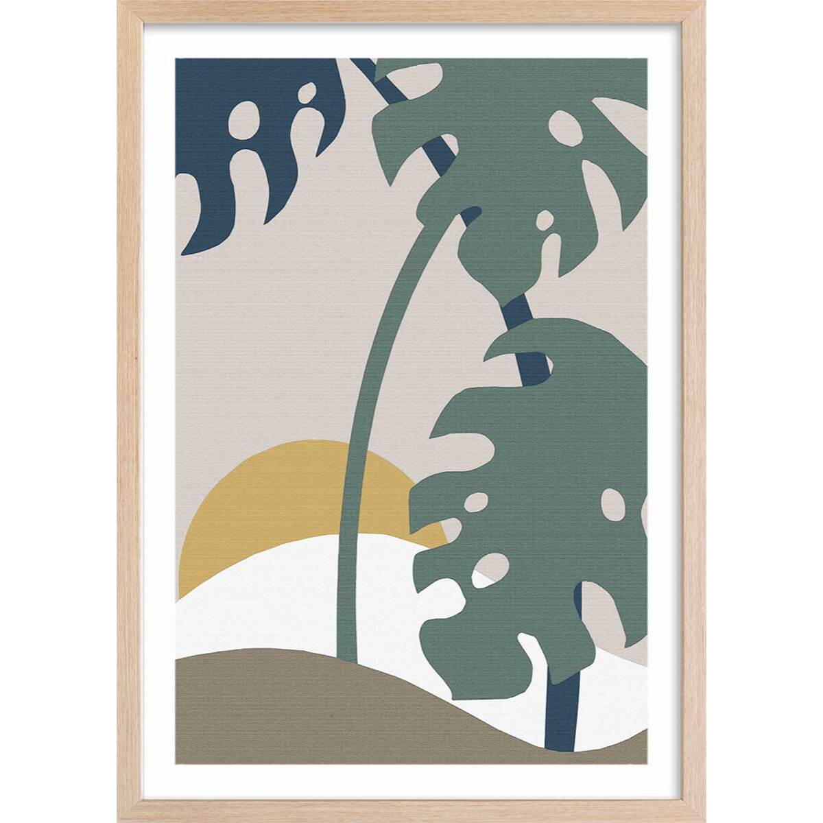 Affiche Monstera effet tissé Affiche + cadre en bois - Chêne