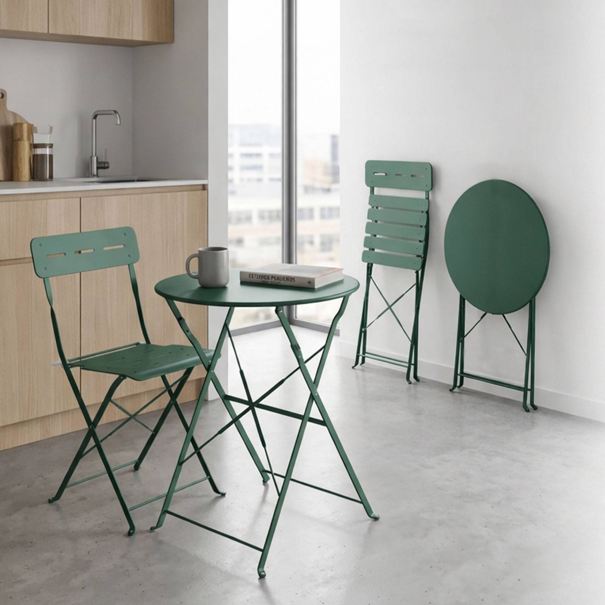 Set bistro plegable de 3 piezas (mesa 60cm + 2 sillas) en acero y verde, compacto para balcón