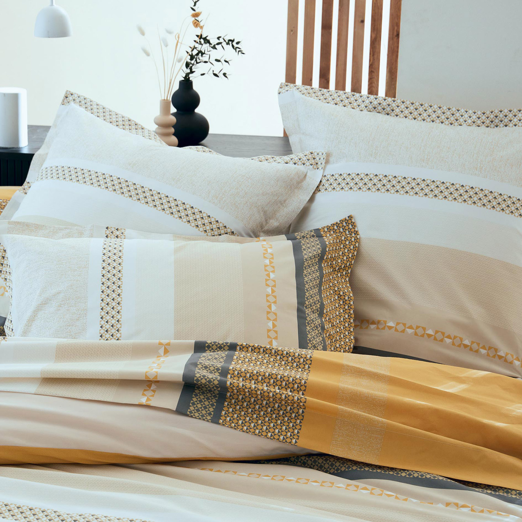 Taie d'oreiller en percale de coton au style ethnique chic - Jaune