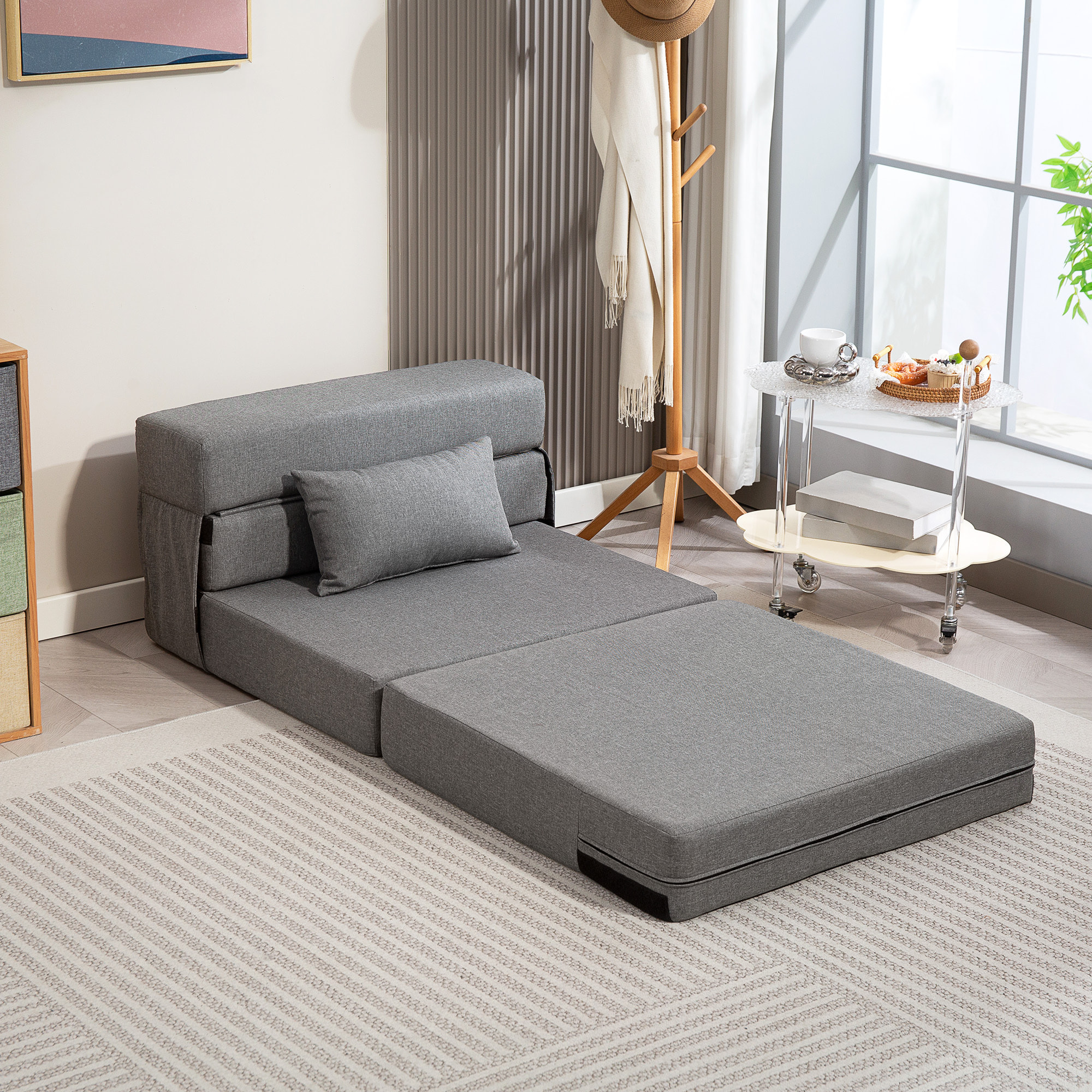 Chauffeuse futon grand confort avec coussin tissu toucher lin gris