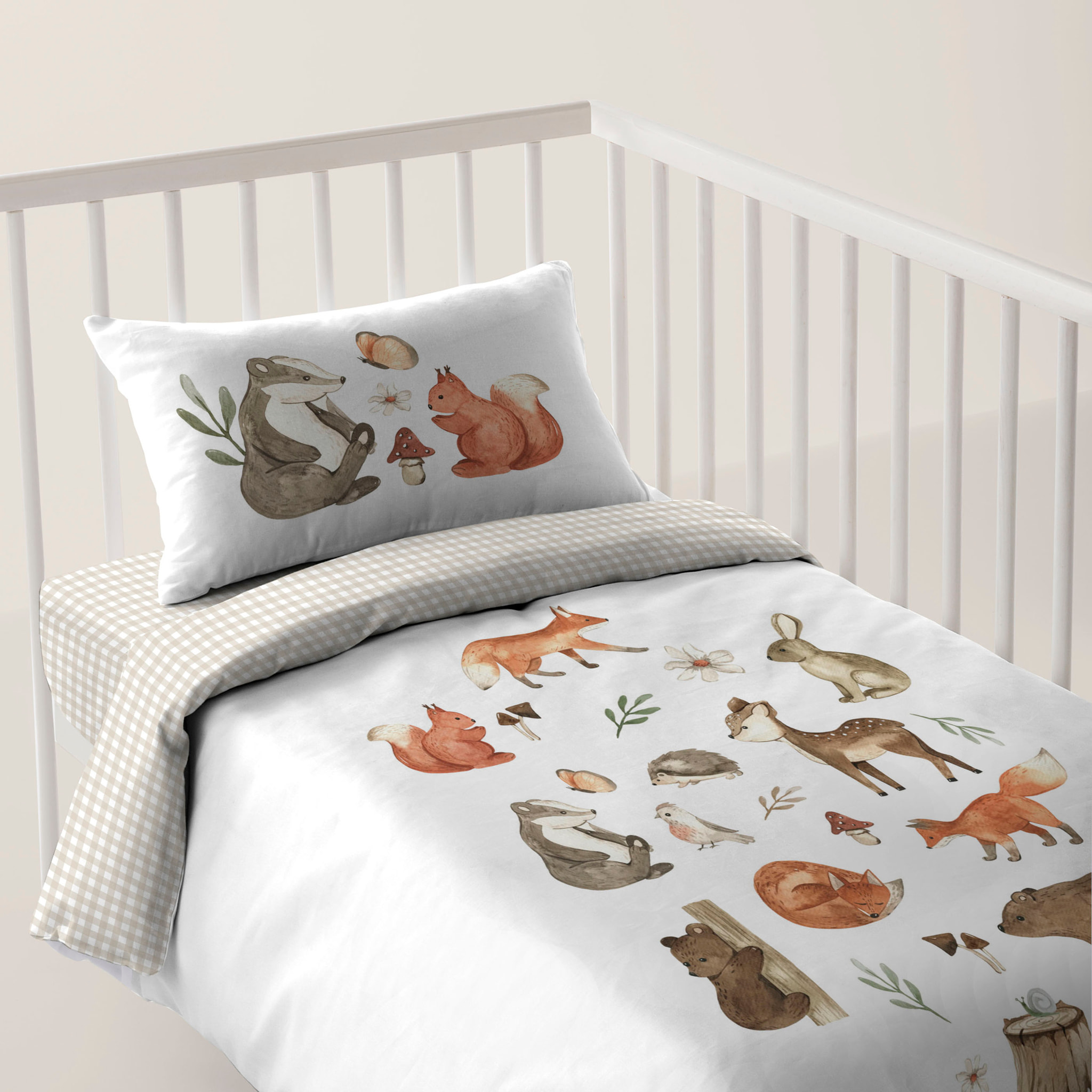 Cool Kids - Funda Nórdica Estampada - Reversible - Infantil - Cierre Solapa - 100% Algodón - Incluye 1 Funda de Almohada - Cuna/Maxicuna - Woodland