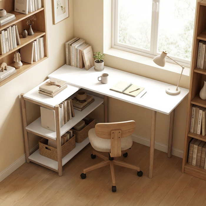 Bureau design naturel bambou blanc modulable angle ou droit