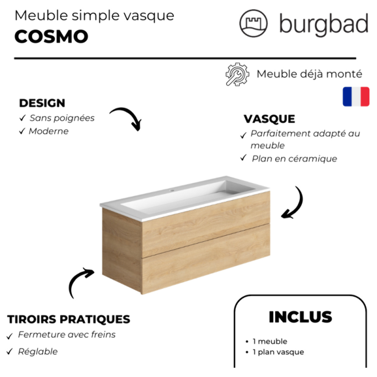 Pack meuble vasque 80 cm BURGBAD Cosmo chêne + miroir