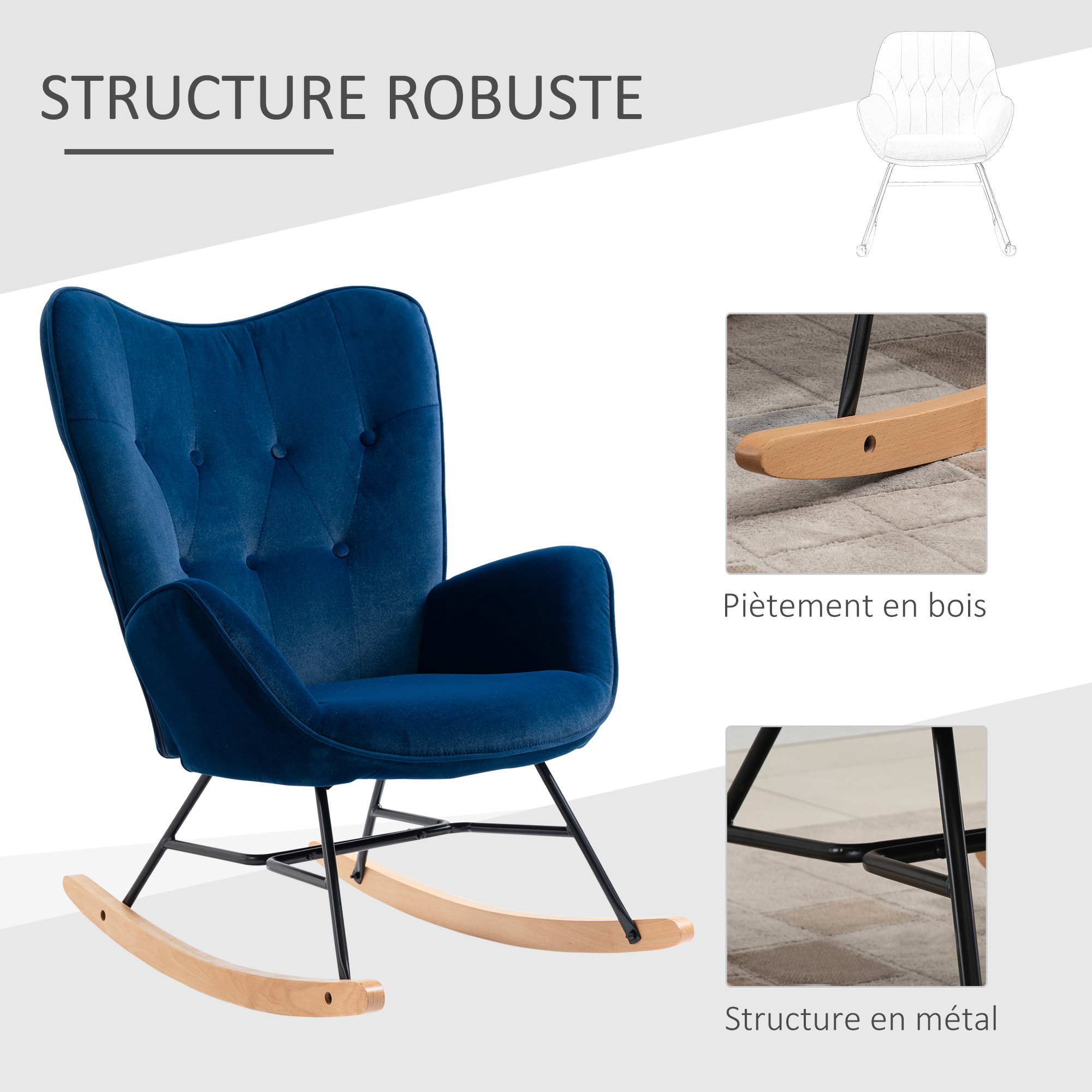 Fauteuil à bascule oreilles rocking chair grand confort accoudoirs assise dossier garnissage mousse haute densité aspect velours bleu